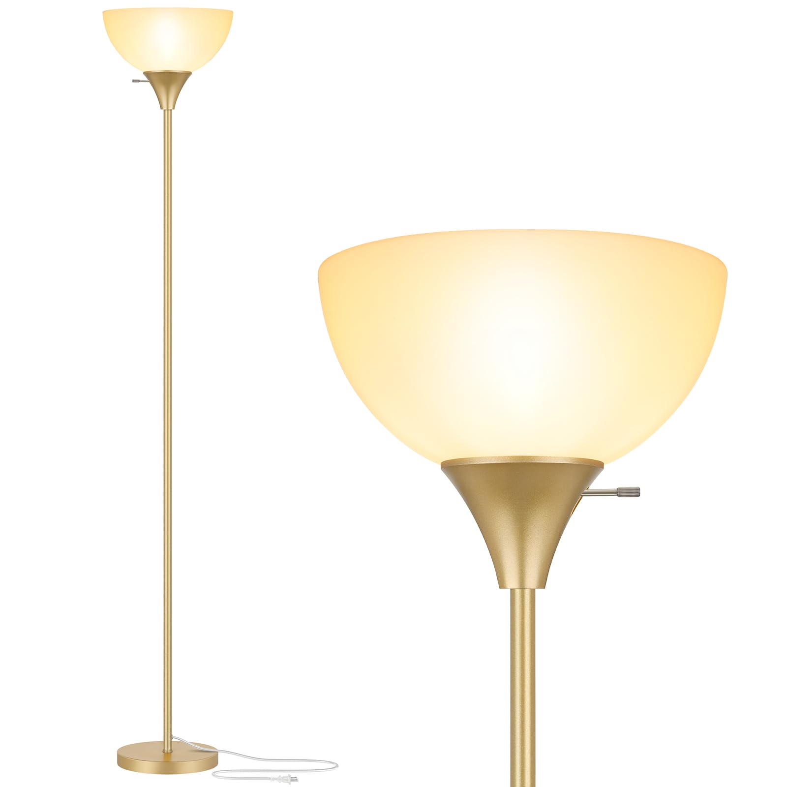 Coucrek LED Floor Lamp, Gold Metal with White Plastic Shade, Rotary Switch, Model F073