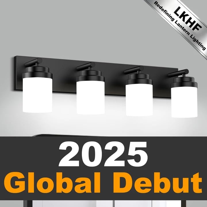 LKHF 4-Light Modern LED Bathroom Vanity Light, Matte Black with White Glass Shade, 27 inch, Model HT601-4T-BK