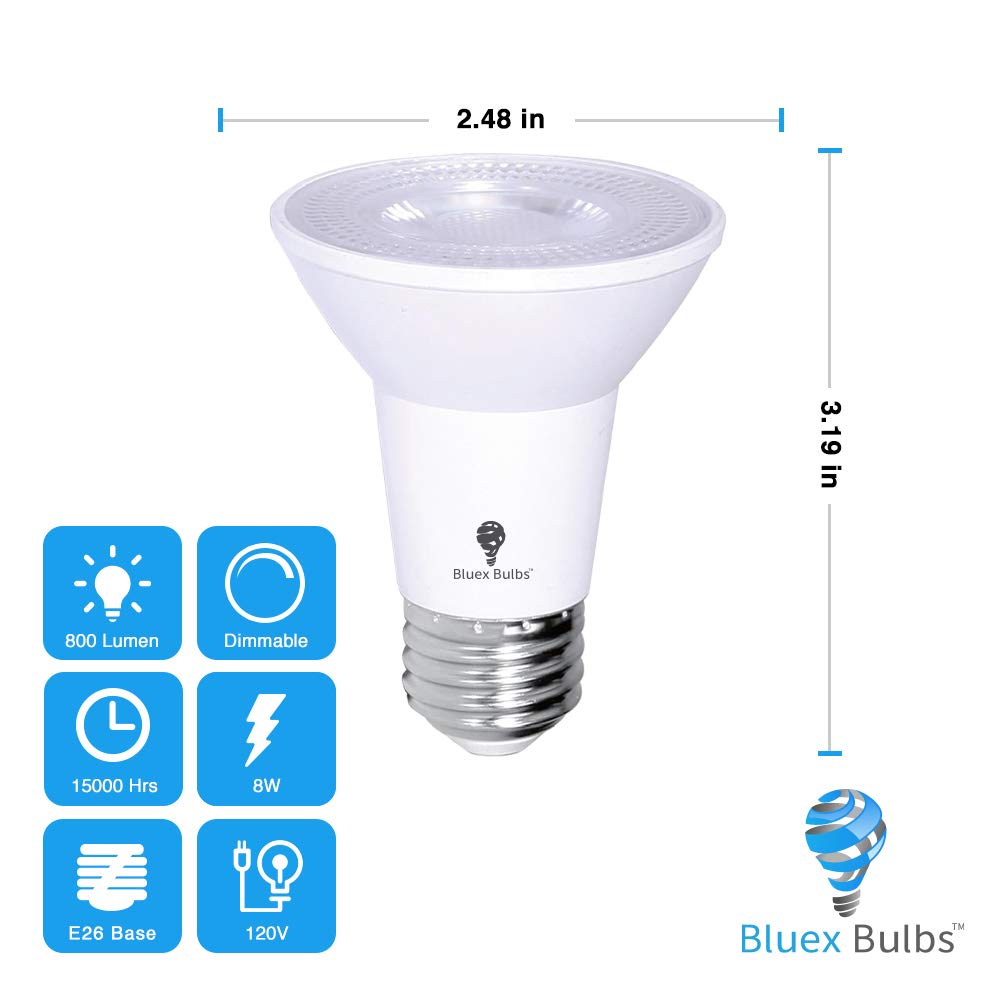 Bluex Bulbs 2 Pack PAR20 LED Flood Light Bulbs, 8W 500 Lumens, Dimmable, Waterproof, 3000K Warm White