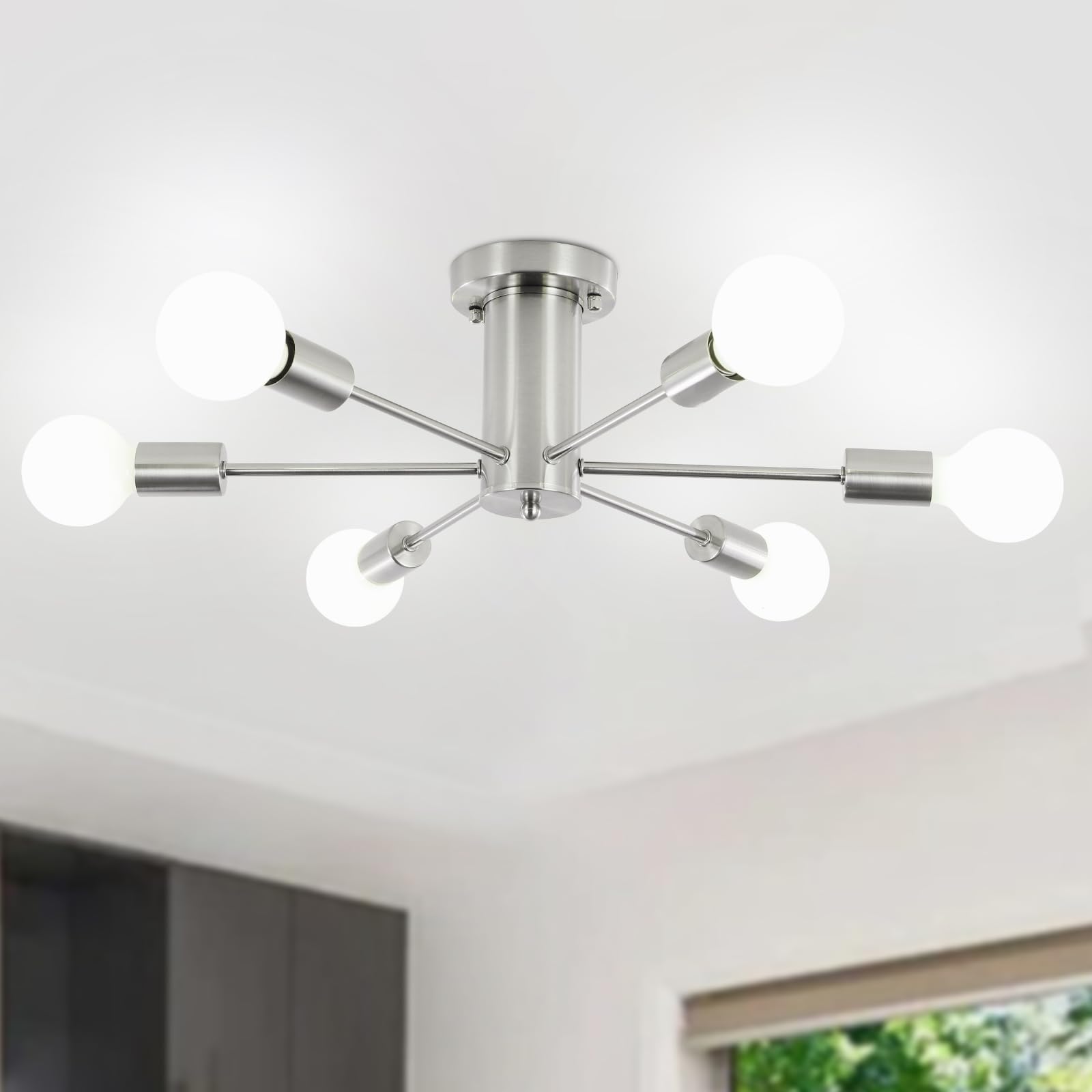 Kostomo Kitchen Light Fixtures 6 Lights Ceiling Lights Fixture Nickel Modern Semi Flush Mount Lighting Sputnik Chandelier For Be