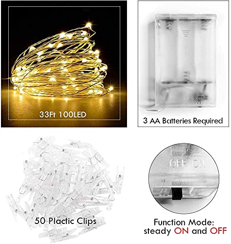 Bryubr Photo Clip String Light - 33Ft 100Led Warm White Fairy Lights With Clips For Bedroom, Christmas & Wedding Décor
