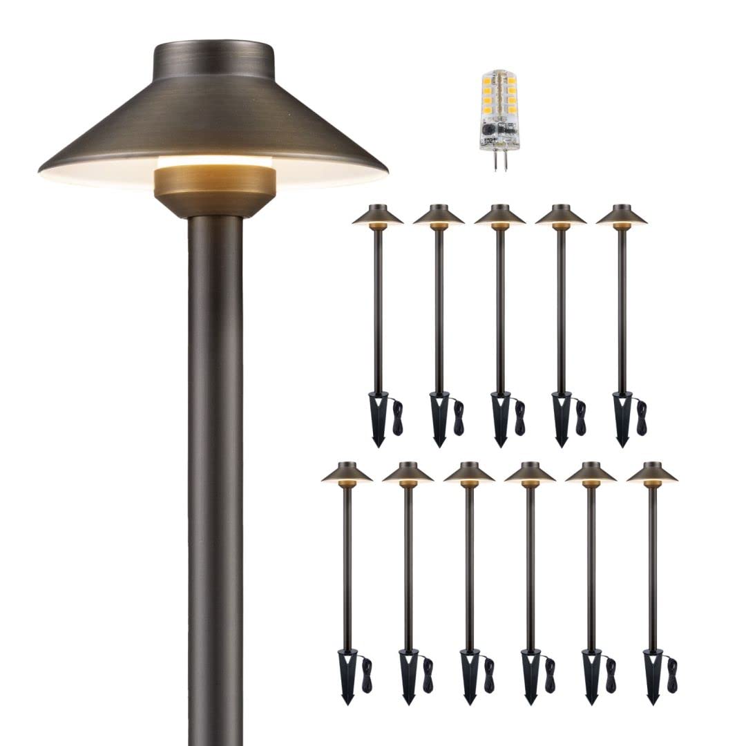 Gardenreet Solid Brass Pathway Light - 12V Landscape Path Lights Outdoor Waterproof, Electric Walkway Lamp Wired, Hat Shape Antique Bronze Garden Decoration With 3W 270Lm 2700K G4 Bulb (12 Pack)