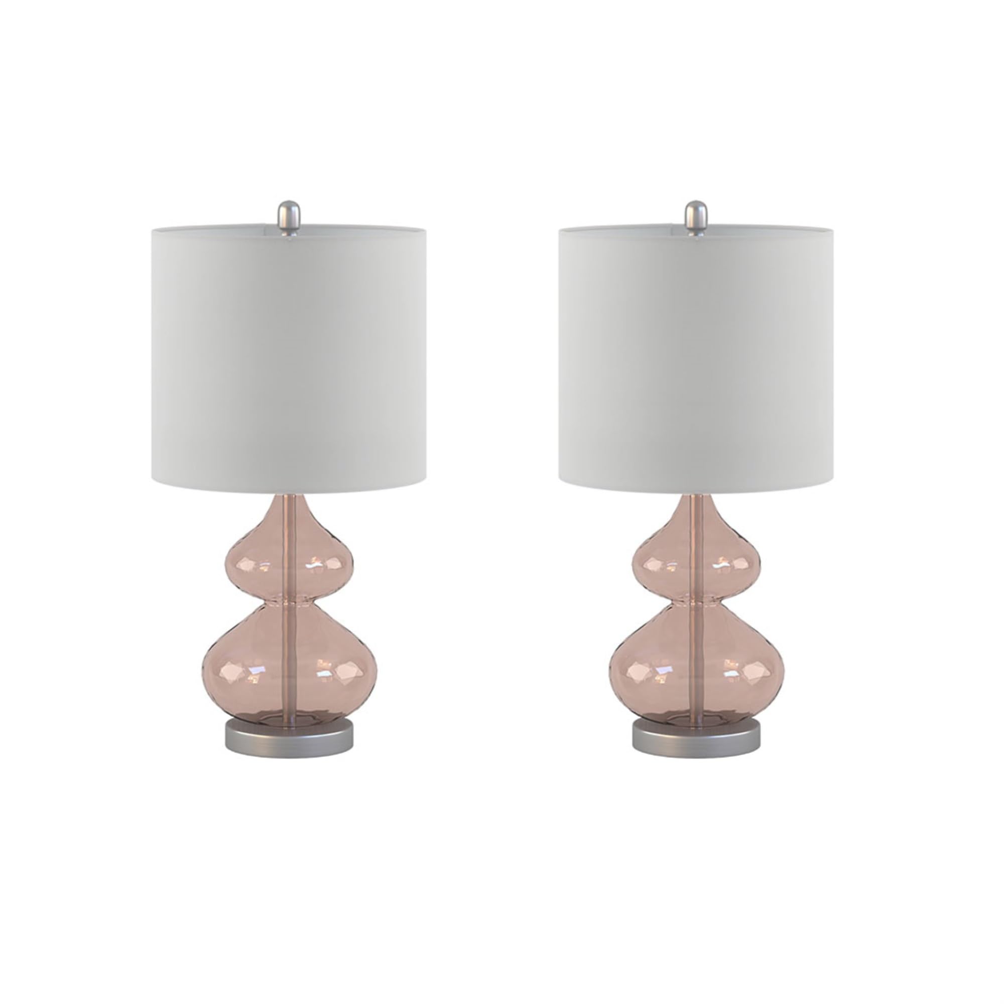 Ergode Curved Glass Table Lamp Set of 2 - Pink Glass Base, White Drum Shade - Includes 2 Type A Light Bulbs - Elegant and Timeless Design