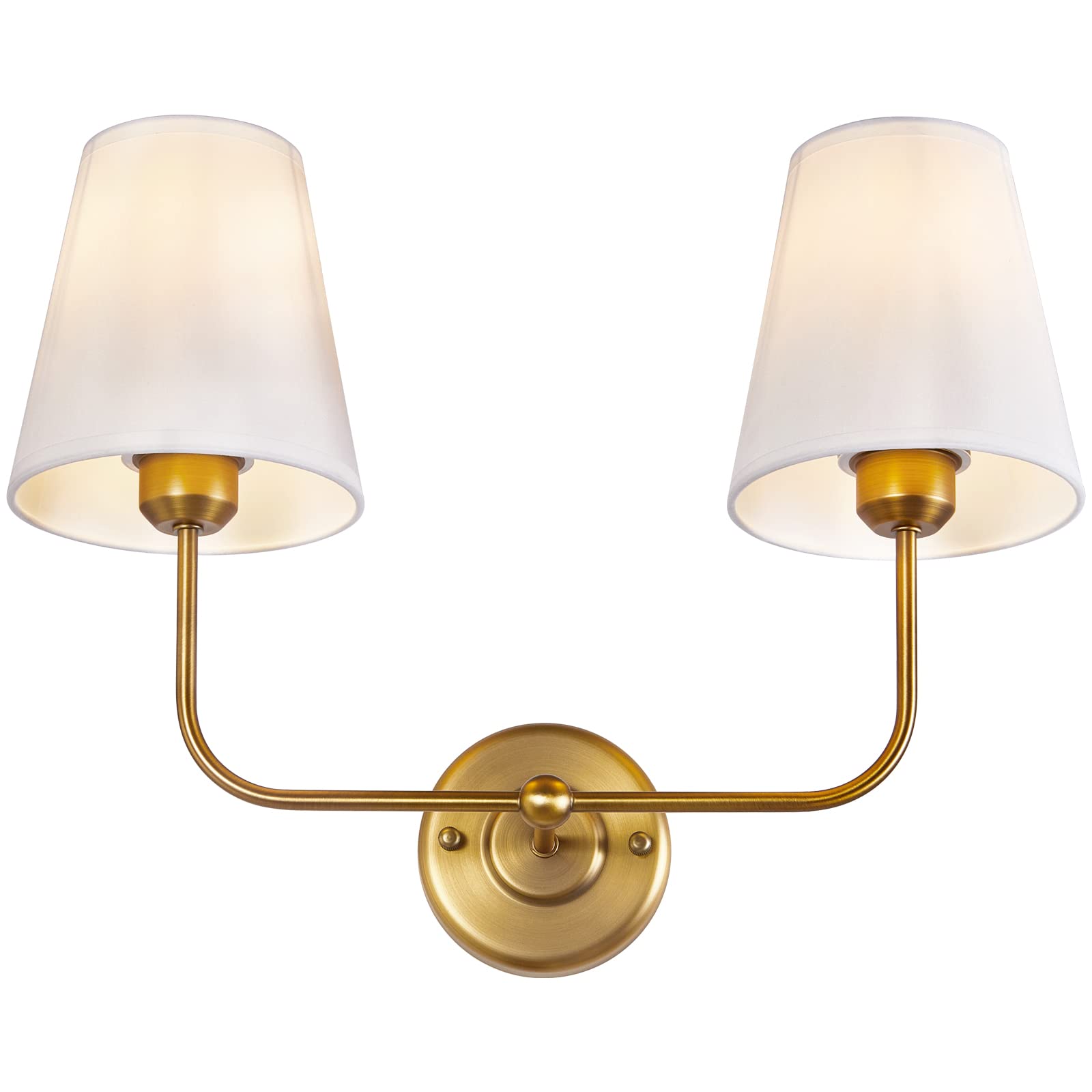 TERLEENART Double Light Wall Sconce with White Fabric Tapered Shades, 2-Light Antique Brass Sconce for Bathroom Vanity Hallway S