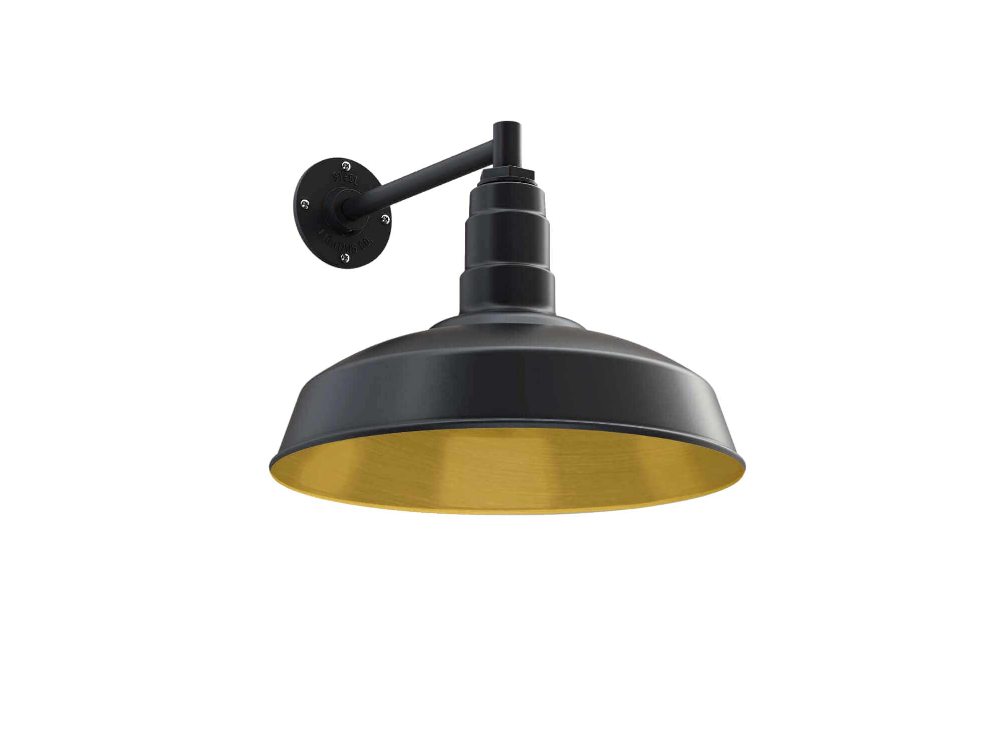 Steel Lighting Co. Gardena Barn Light - Dusk to Dawn, 16in Dome, 11in Straight Arm, Matte Black with Brass Interior