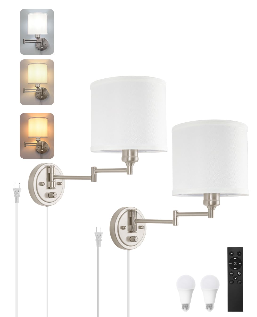 GOODATE Plug-in Wall Sconces Set of Two, Remote Control, Dimmable, Adjustable Colors 2700K-6500K, Brushed Nickel & White, Model BZ-YK
