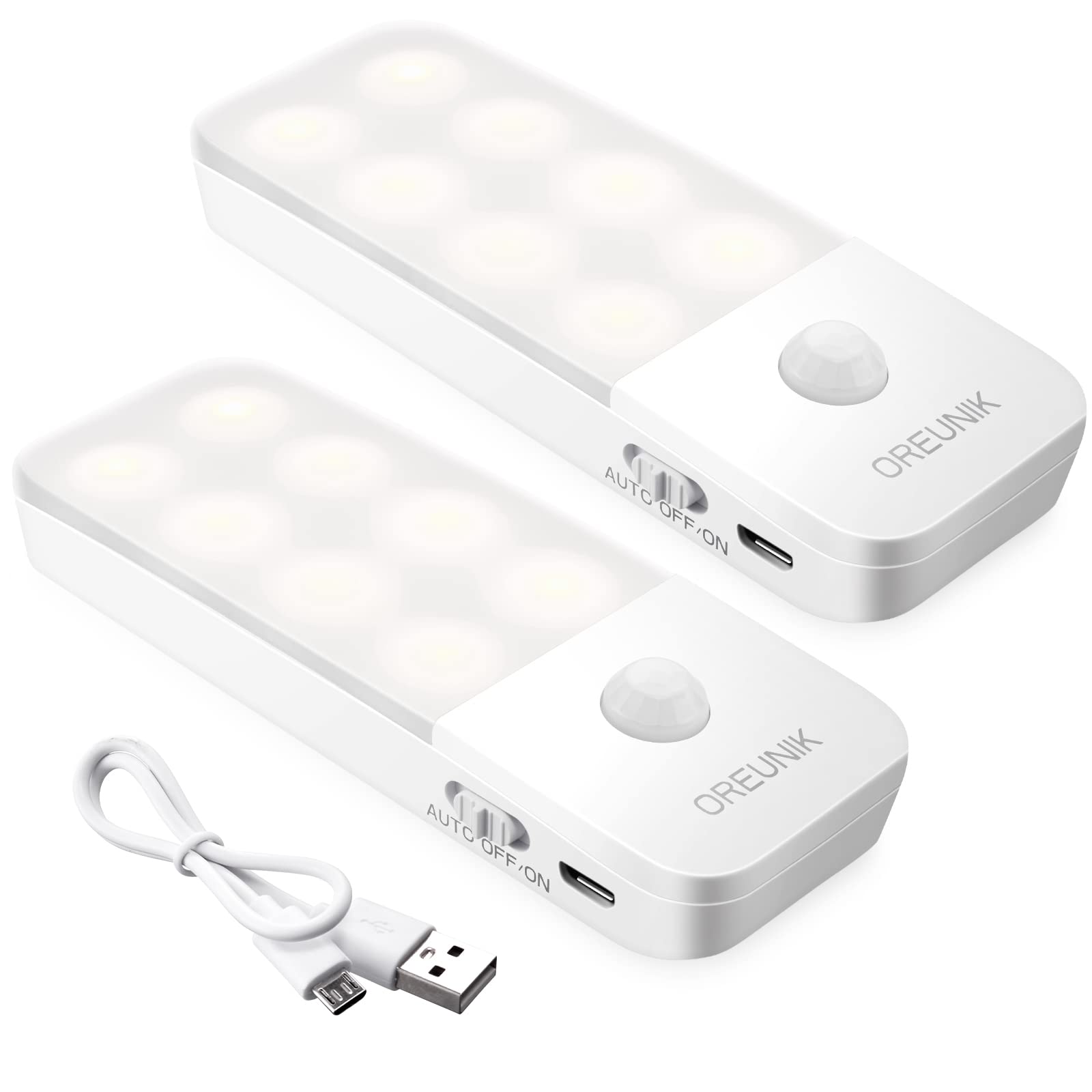 Oreunik Motion Sensor Night Lights, Rechargeable, Warm White, 2 Pack, Polycarbonate, Model XM-03