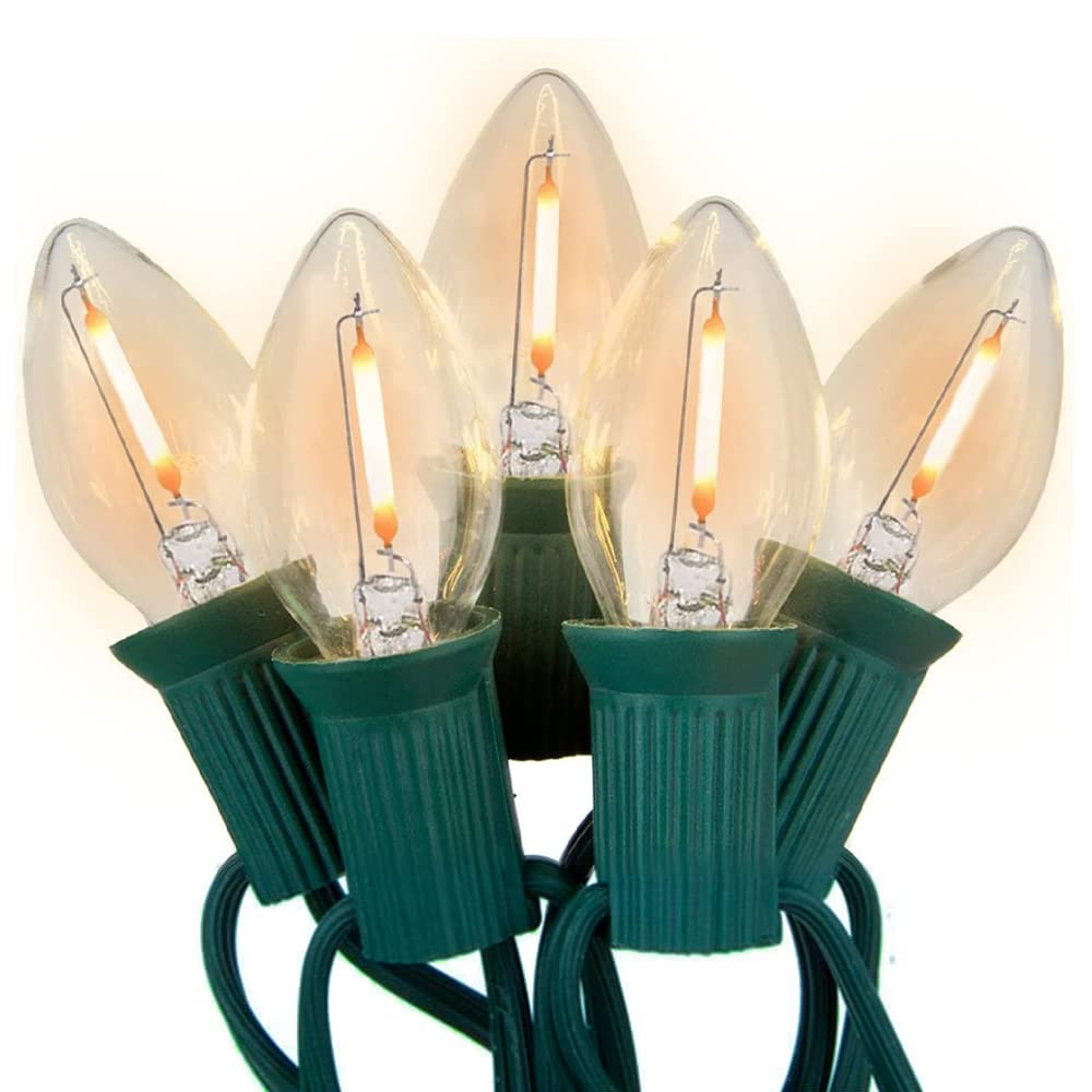 C7 LED String Lights-25Ft Ceramic Vintage Clear Lights with 27 Clear LED Bulbs (2 Spare), Outdoor String Lights for Christmas Pa
