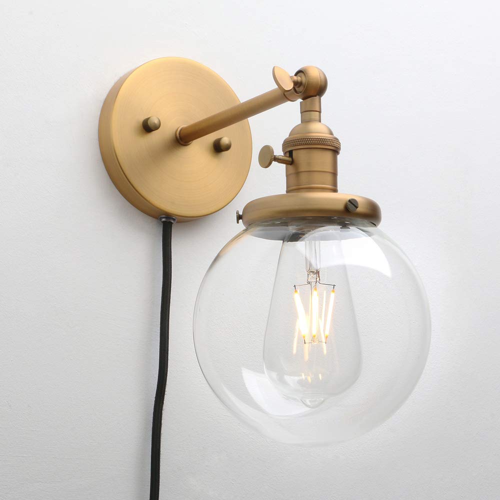 Permo Plug In Sconce On/Off Switch Wall Sconce With 5.9 Round Globe Clear Glass Shade Vintage Industrial 1-Light Wall Lamp Light