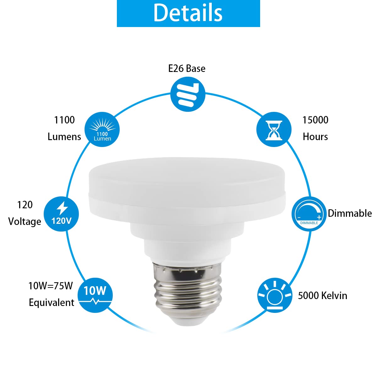 DAILY HIOO LED Puck Light Bulb E26, Dimmable 1100LM, 5000K, Aluminum, 2 Pack