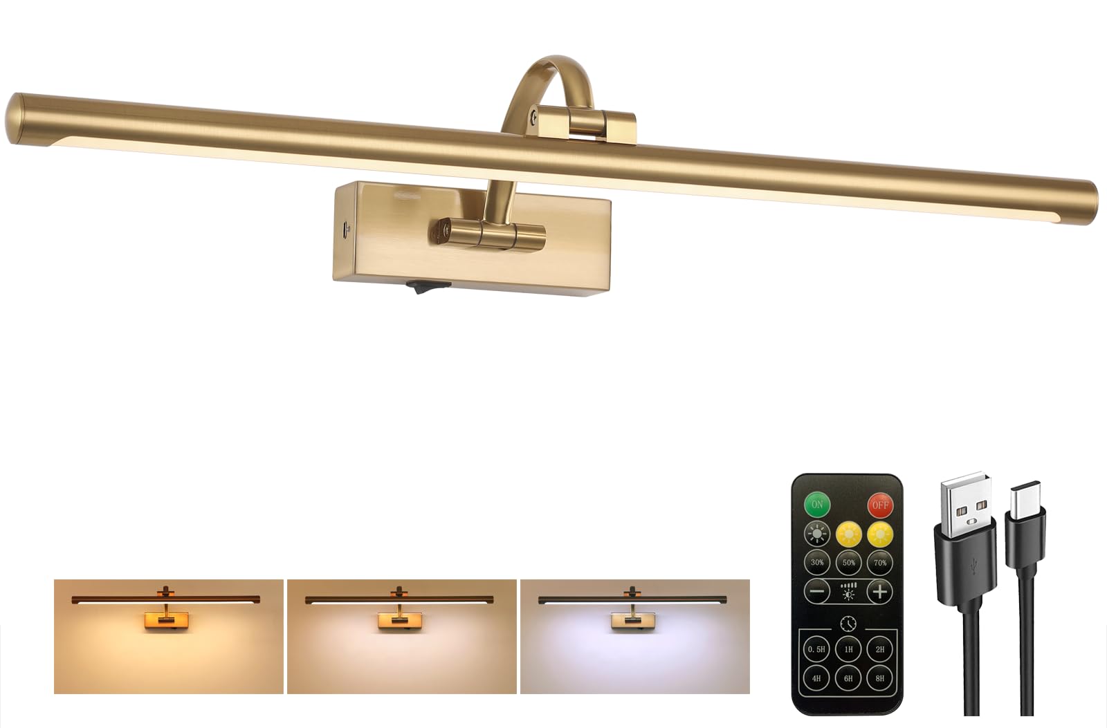 Tassuowell Picture Light Battery Operated with Remote, 3CCT Dimmable Picture Light for Paintings, Brass Rechargeable 24 inch Bat