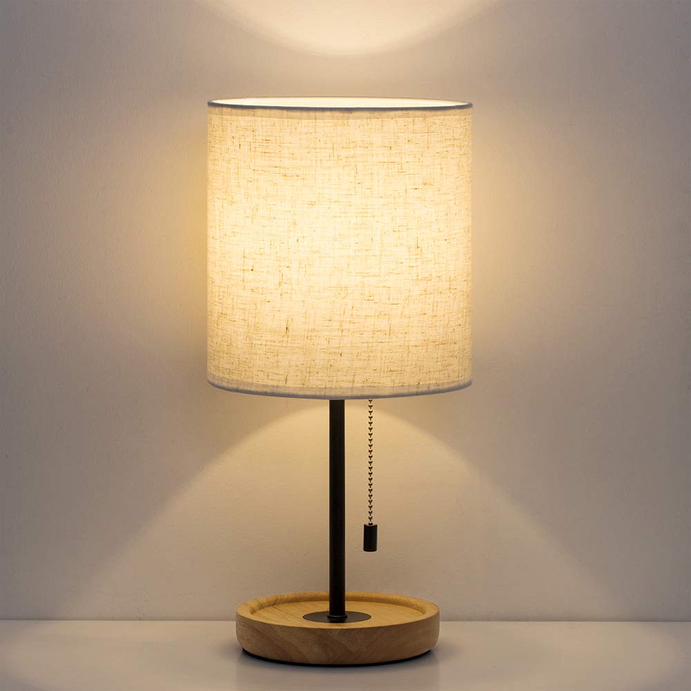 Haitral Modern Bedside Table Lamp With Linen Shade, Wooden Nightstand Lamp For Bedroom, Office