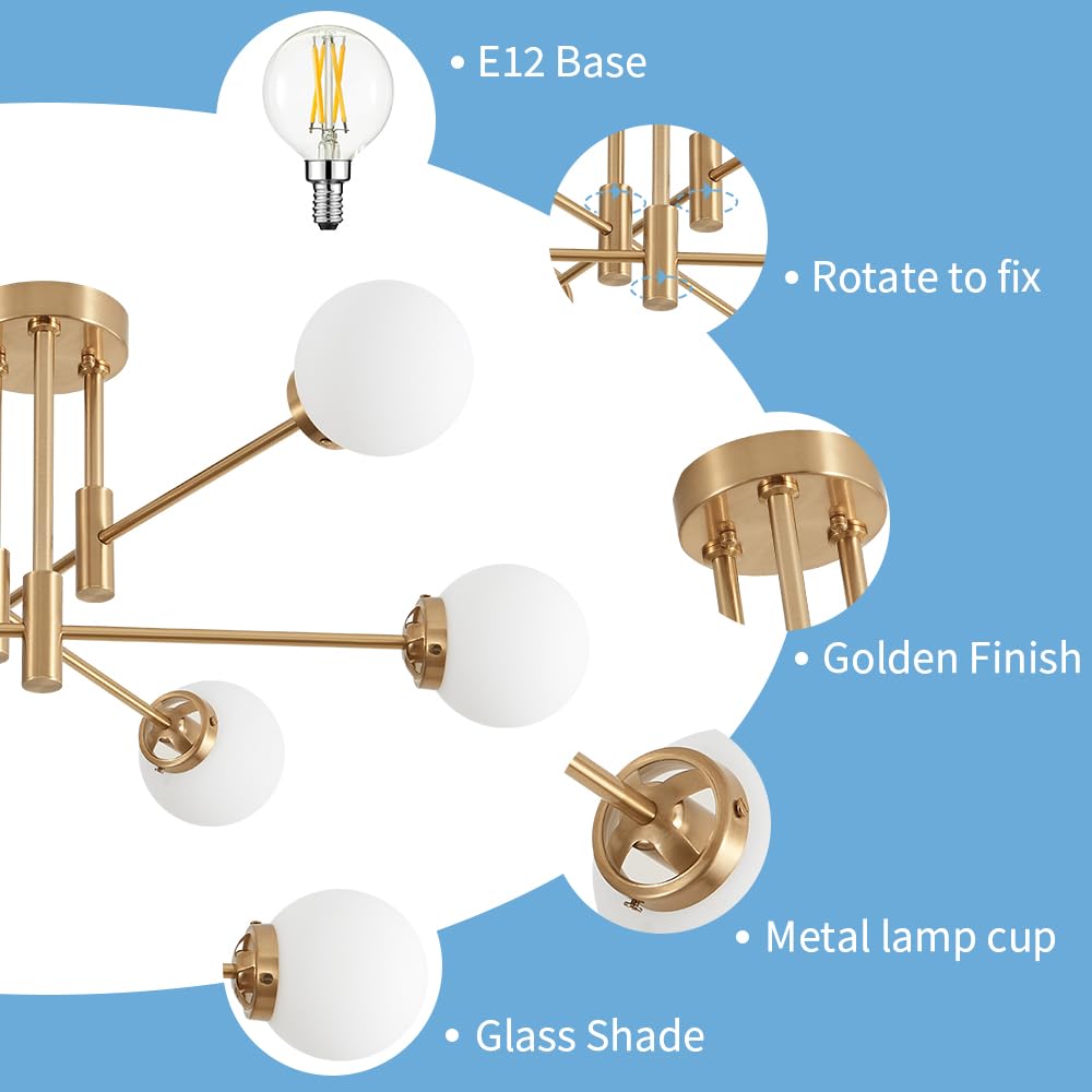 Biewalk Gold Sputnik Chandelier, 6-Light Modern Globe Fixture, Glass & Metal, Mid Century Style for Living & Dining Rooms
