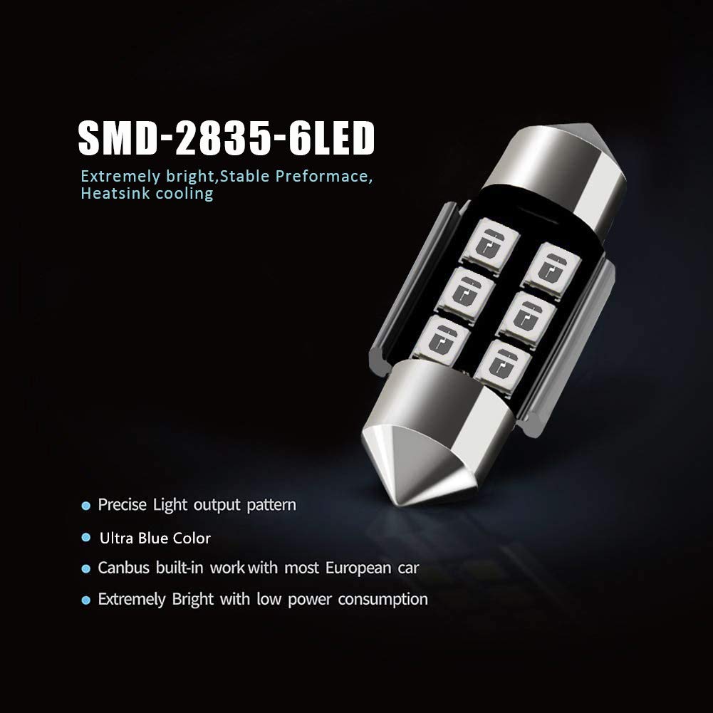 Auxlight De3175 De3021 De3022 3175 31Mm 1.22   Festoon Canbus Error Free Led Interior Light Bulbs Ultra Blue, Super Bright 6Smd