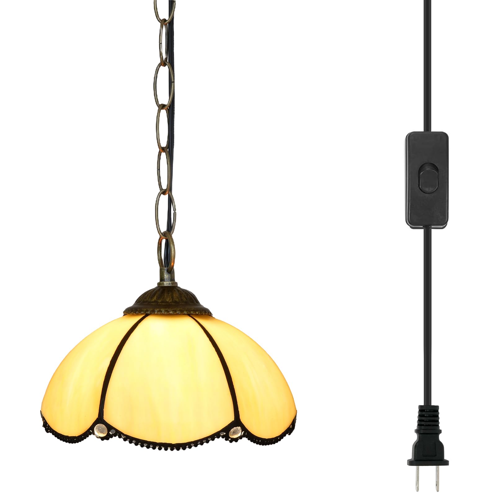 Blivuself Tiffany Pendant Hanging Light Plug in Light Fixture Vintage Yellow Stained Glass Hanging Lamp for Home Decor Dining Li