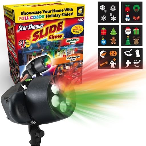 Star Shower Slide Show Full Color Projector Multi Purpose with 4 Christmas & 2 Halloween Slides Included. Weather-Resistant, Dec