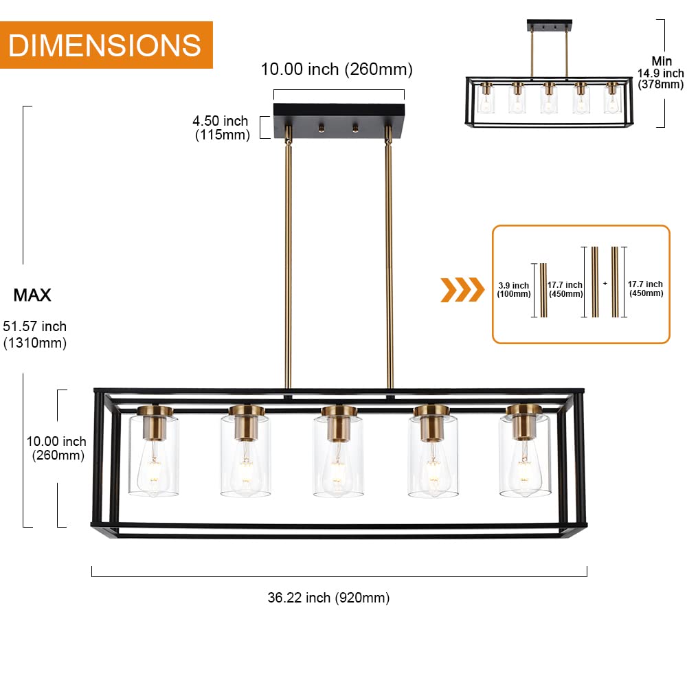 VINLUZ 5-Light Farmhouse Chandelier, Black and Brass Metal Pendant Light, Clear Glass Shade, Model 1811-5-23