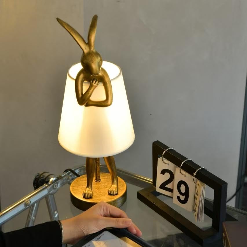 Yht Bunny Table Lamp,Cute Animal Rabbit Lamp,15.7'' Vintage Led Desk Light With Linen Lampshade,Gold Main Part Beside Lamp For B