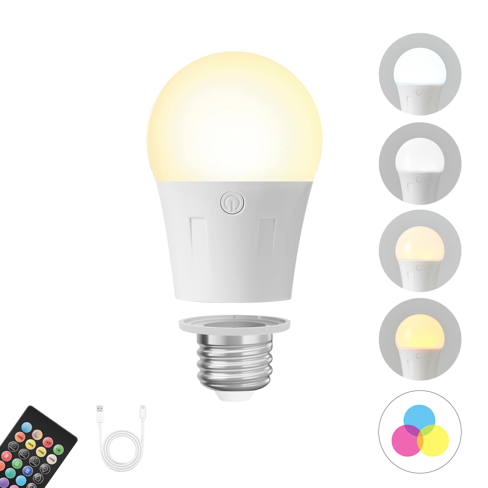 KARTOOSH Rechargeable LED Light Bulb with Remote Control, Dimmable, E26, 4 Color Temperatures, White, Model RS323B1, 1 Pack