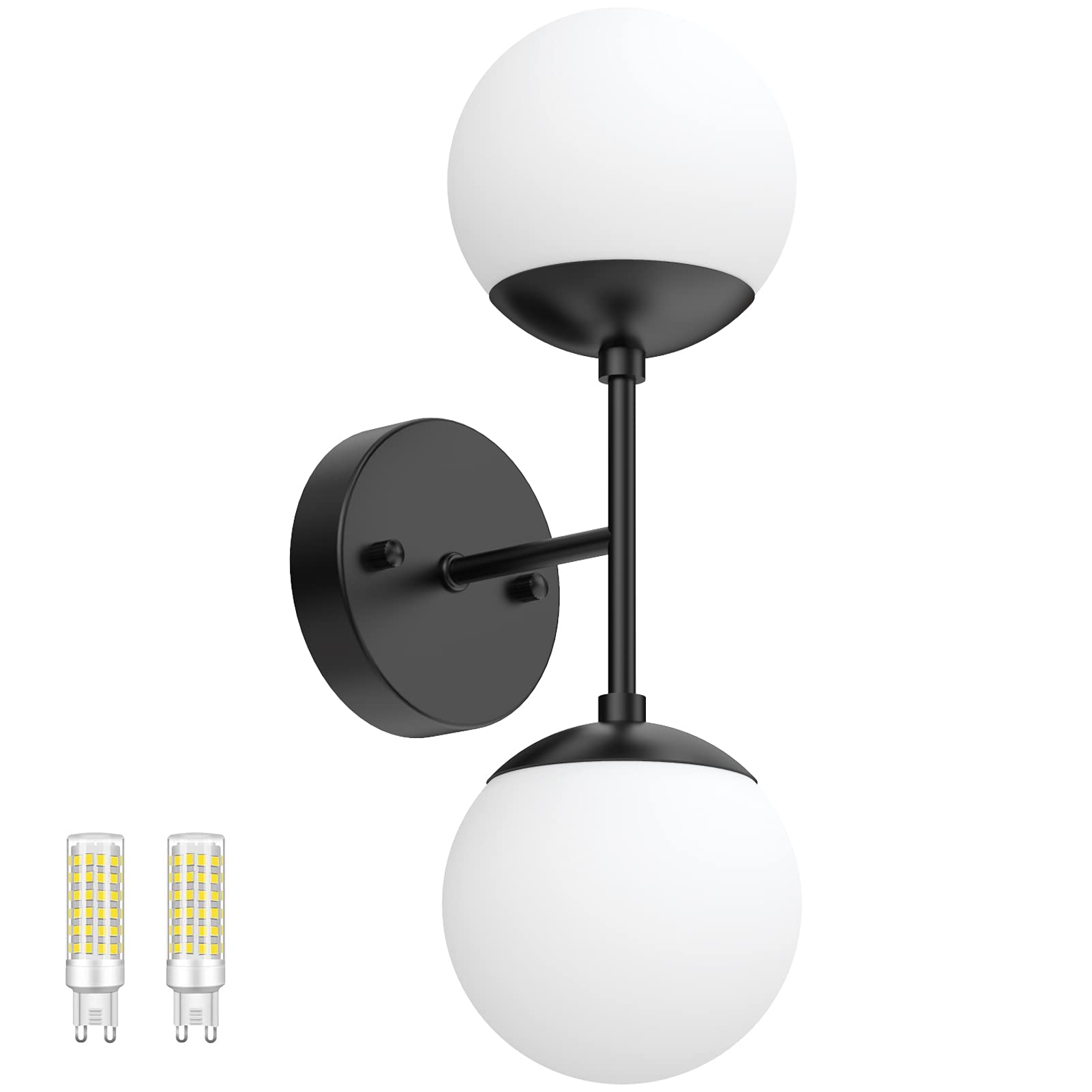Tipace Black Wall Sconce Light, Modern Globe Design, 2 Lights, 6000K Bulbs Included, Ideal for Living Room, Restaurant, Bathroom