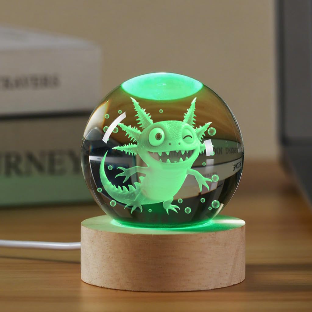 YouerCrystal Axolotl 3D Crystal Ball Night Light, 60mm, K9 Glass, Axolotl Color, Perfect for Kids Birthday Decor