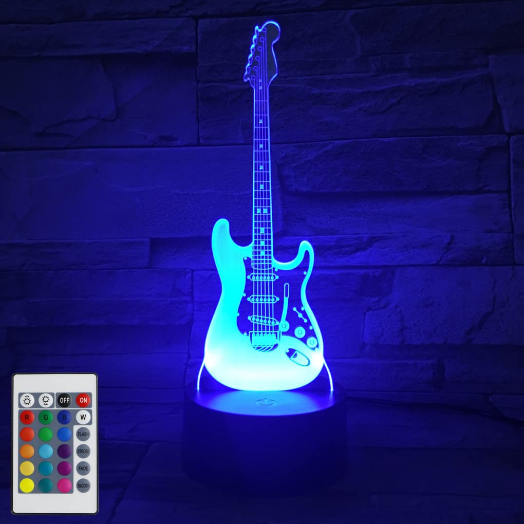 AZIMOM 3D Illusion Lamp Electric Guitar Night Light, Remote Control, 16 Colors, Bedside Decoration for Kids, Multicolor, Model 1