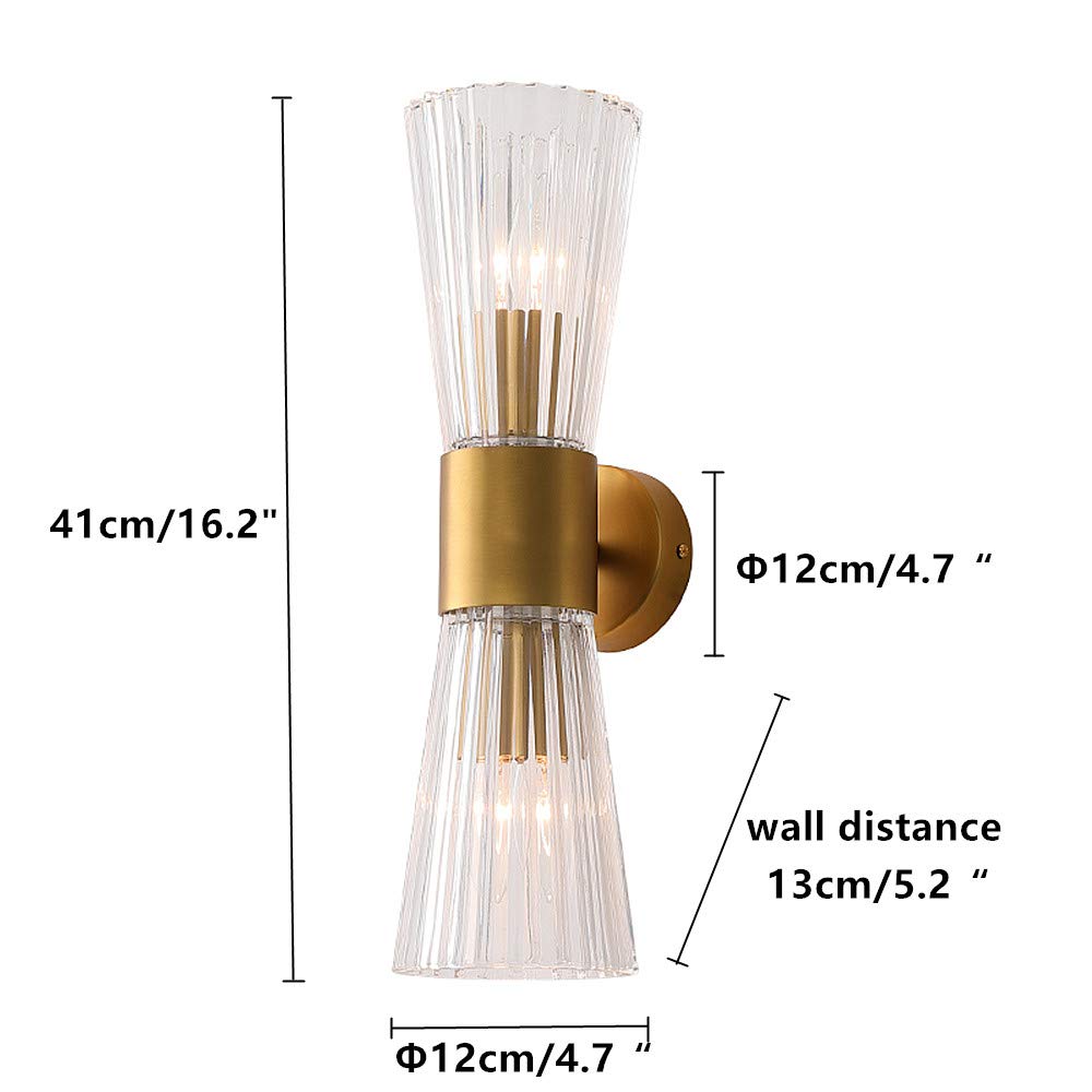 EFINEHOME Mid-Century Modern Gold Wall Sconce - 2-Light Crystal Glass Shade Vanity Lamp, Umbrella Size, Model L20-3002WB