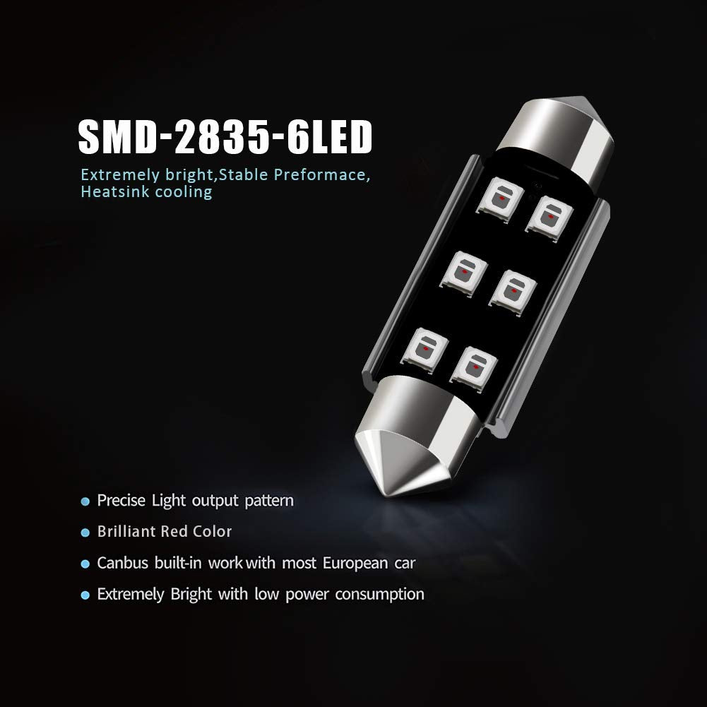 Auxlight 211-2 212-2 578 569 214-2 41Mm 1.61”Festoon Canbus Error Free Led Interior Light Bulbs Brilliant Red, Super Bright 6Smd Chips For Dome Map Door Courtesy License Plate Lights (Pack Of 6)
