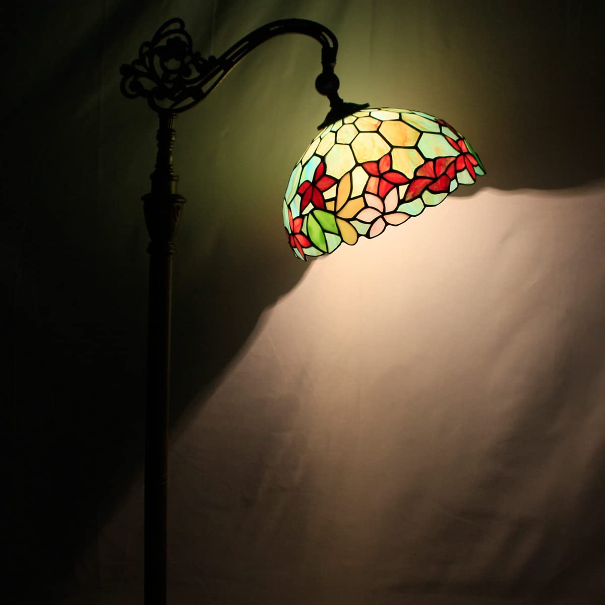 Zjart Tiffany Floor Lamp Stained Glass Lamp 18.88X12X67 Inch Angle Adjustable Arched Gooseneck Antique Reading Light (Red Green