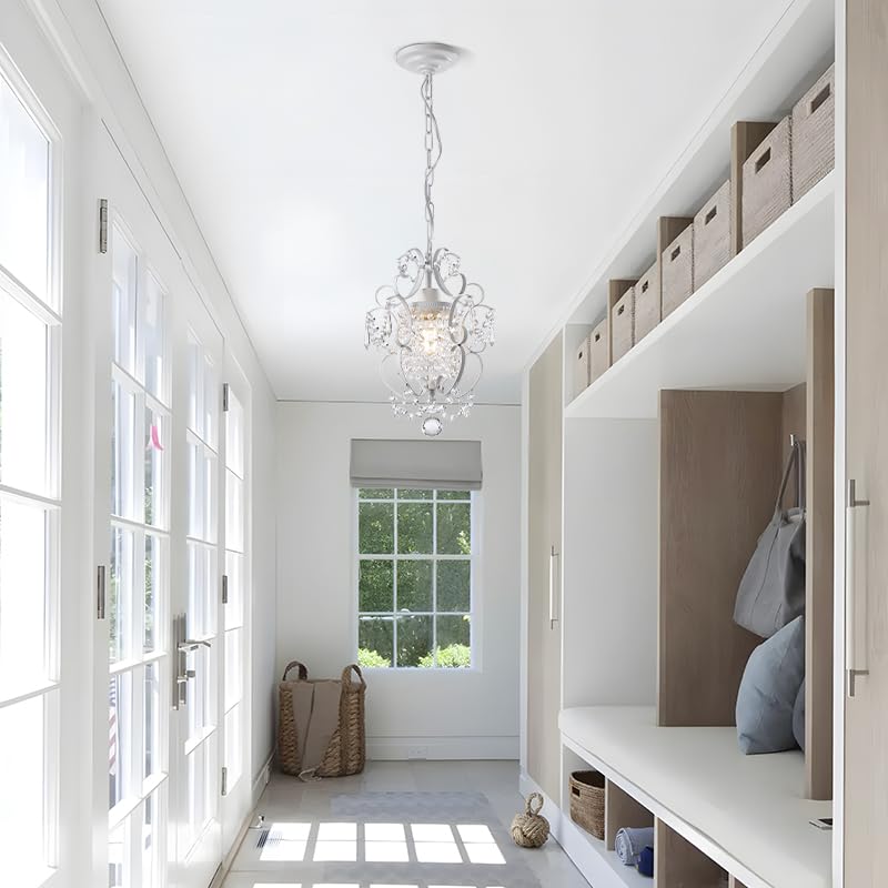 riomasee Mini Chandelier, 1-Light 11" White Crystal Iron Ceiling Light, Hard-wired Fixture for Hallway, Foyer, Dining Room, Model RM2024-19