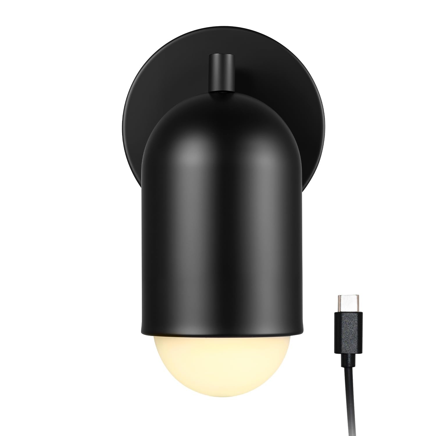 Rechargeable Battery Wall Sconce, LED Integrated, Matte Black, Frosted Diffuser, 3 Brightness Levels, USB-C Cable Included, 3W, 