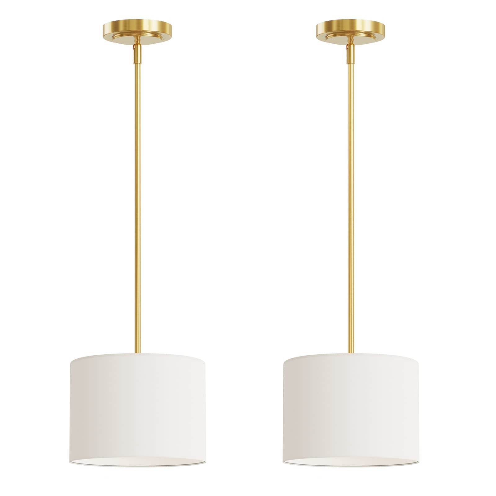 Electro Bp;9'' Dia White Linen Drum Shade Hanging Pendant Light Fixture With Polished Gold Pole Kit,E26,Hardwired,2-Pack;