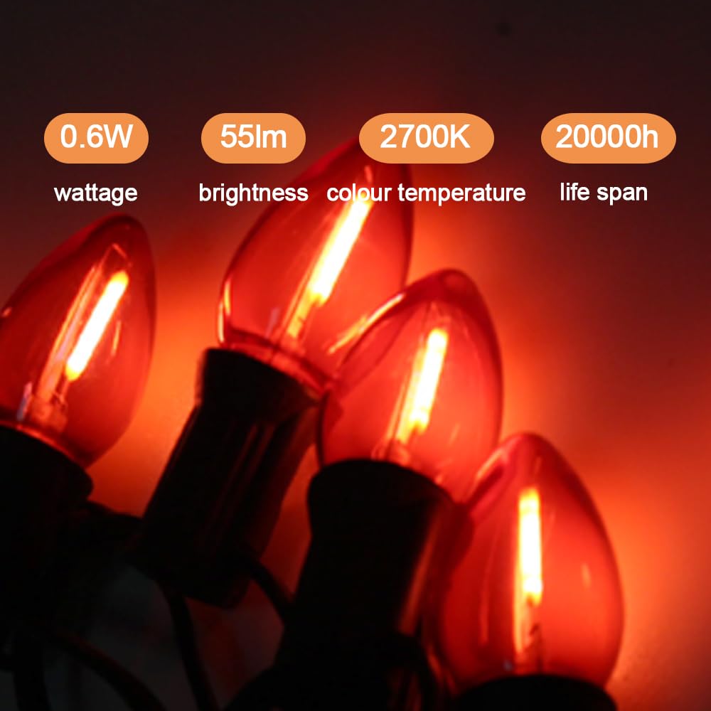 Neteha 25 Pack C7 Red Led Replacement Christmas Light Bulb, C7 E12 Base 120V Waterproof Led Bulbs For Christmas Outdoor String L