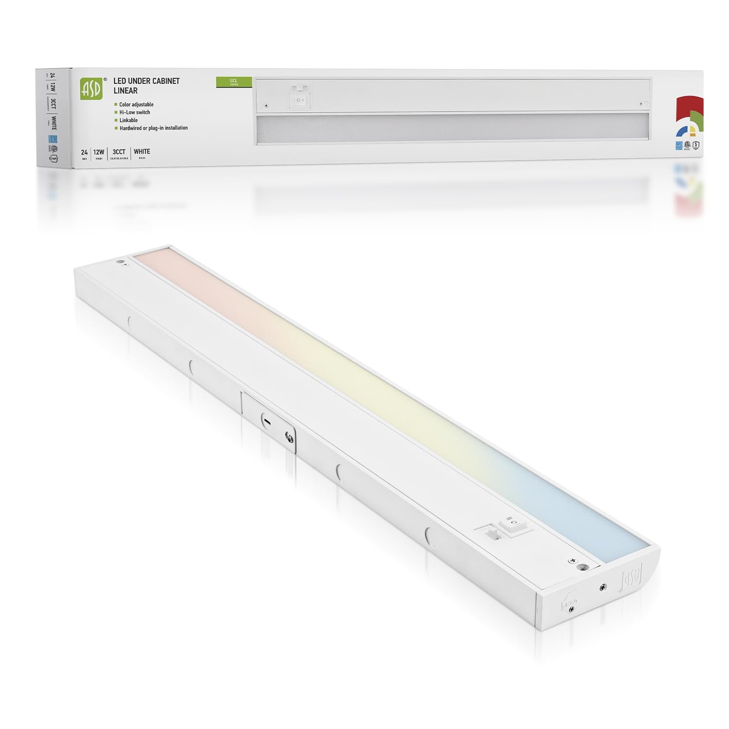 Asd Led Under Cabinet Lighting, 24 Inch Dimmable, Hardwired/Plug-In, 3 Color Levels, White Finish, Model Asd-Ucl-24D12Cc-Wh