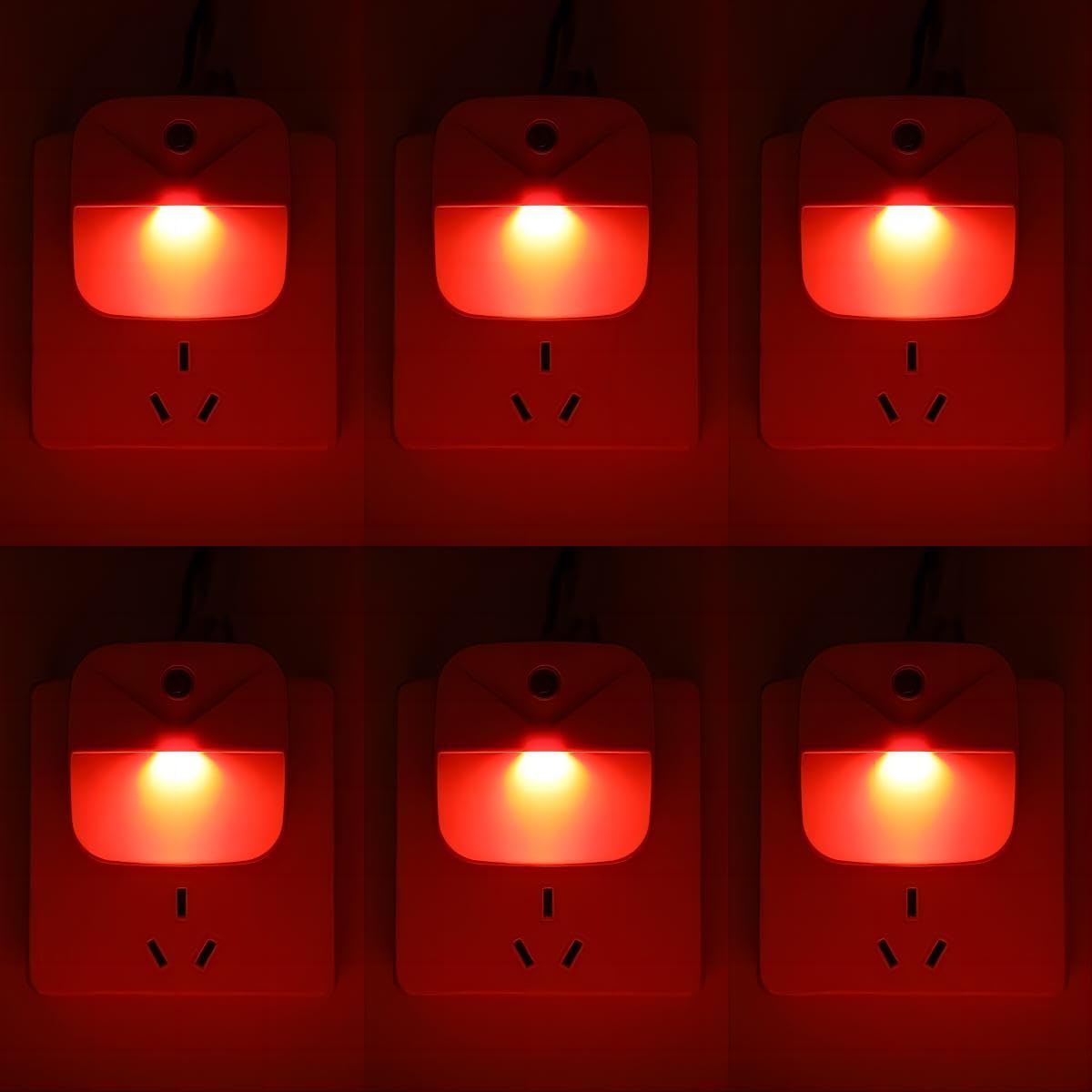 KINUR LED Night Lights 6 Pack, Red, Dusk to Dawn Sensor, Small, Plastic, Model GB004