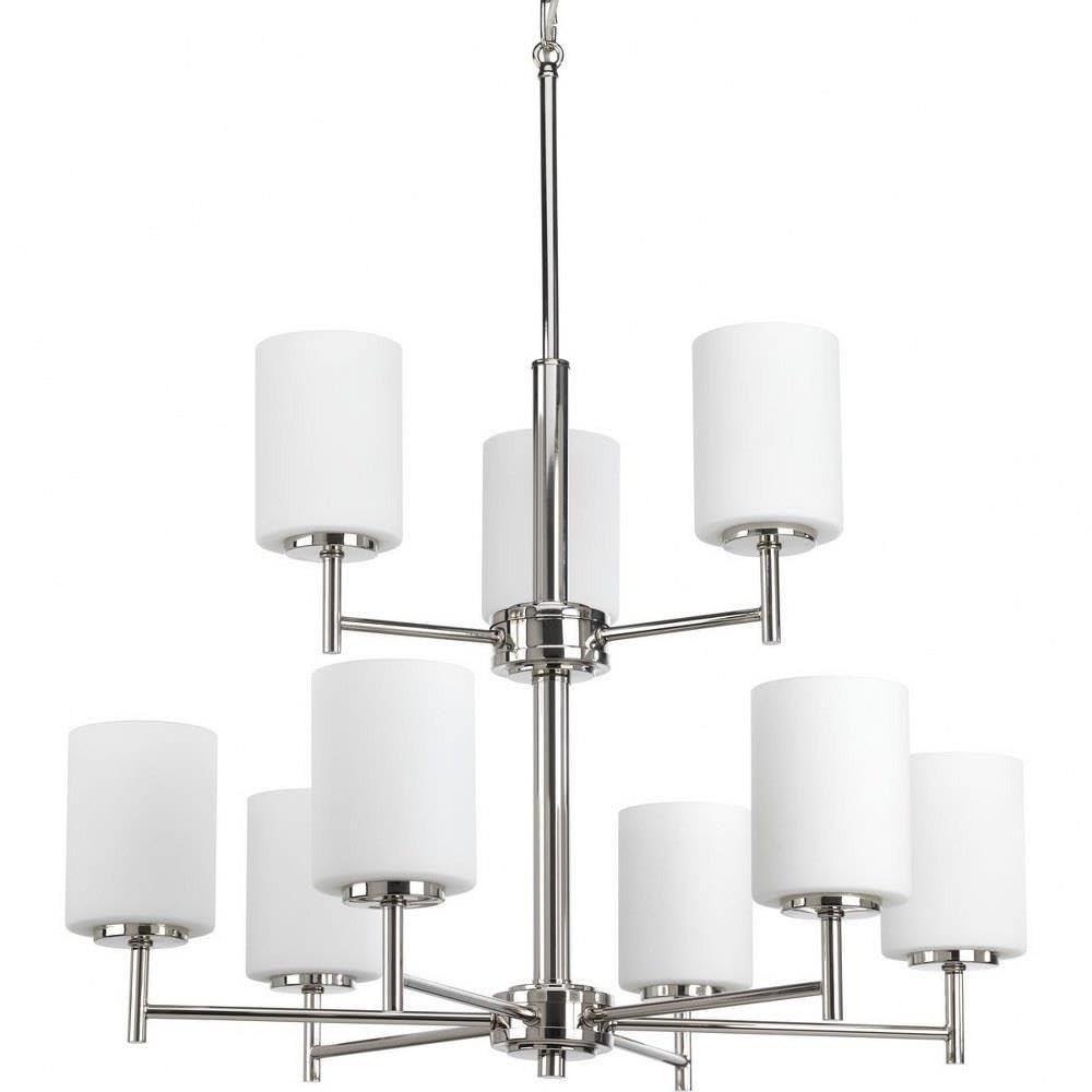 Progress Lighting P4726-104 Replay Collection Etched White Glass Modern Chandelier Light, 9-Light, Polished Nickel