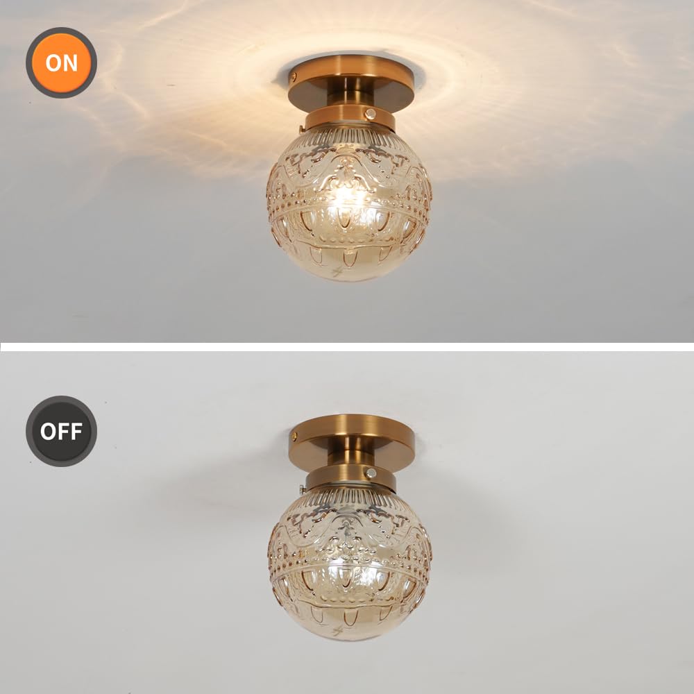 Semi Flush Mount Ceiling Light, Gold Vintage Kitchen Ceiling Light Fixture, Amber Globe Glass Close To Ceiling Light, Hallway Ce