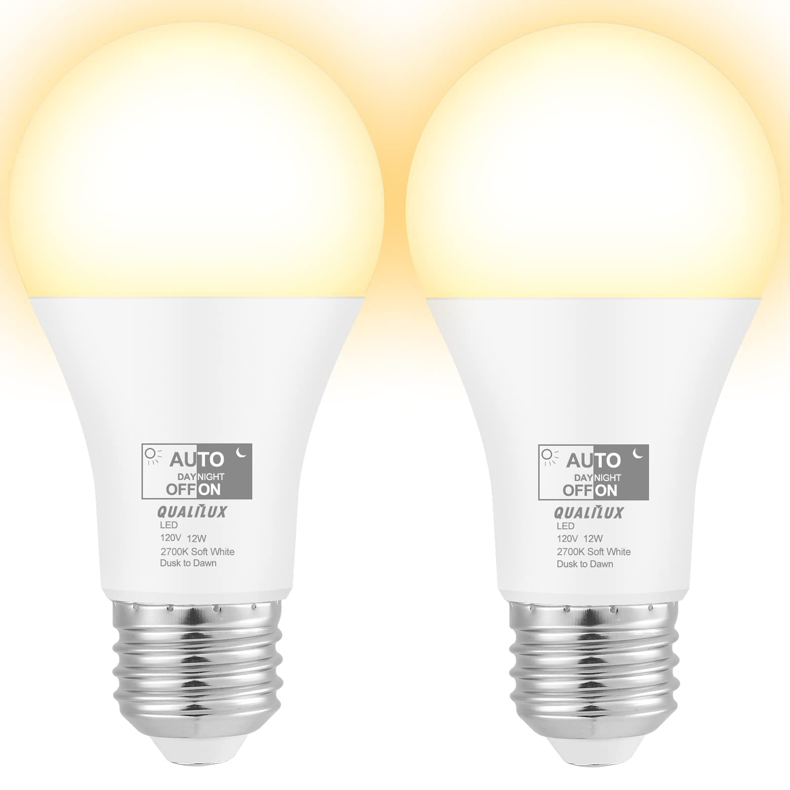 Qualilux Dusk To Dawn Light Bulbs 1000 Lumen, Soft White, Led 12W, A19 E26, 2-Pack, Hq-H021
