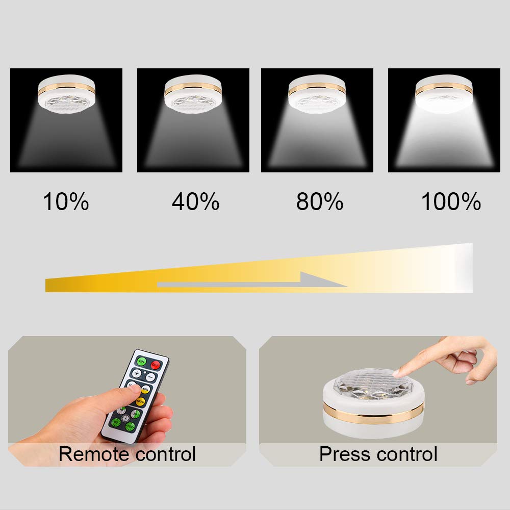 LEASTYLE Puck Lights with Remote, Wireless Under Cabinet Lighting, 6 Pack, Battery Operated, Natural White, Adjustable Brightness, Model 001