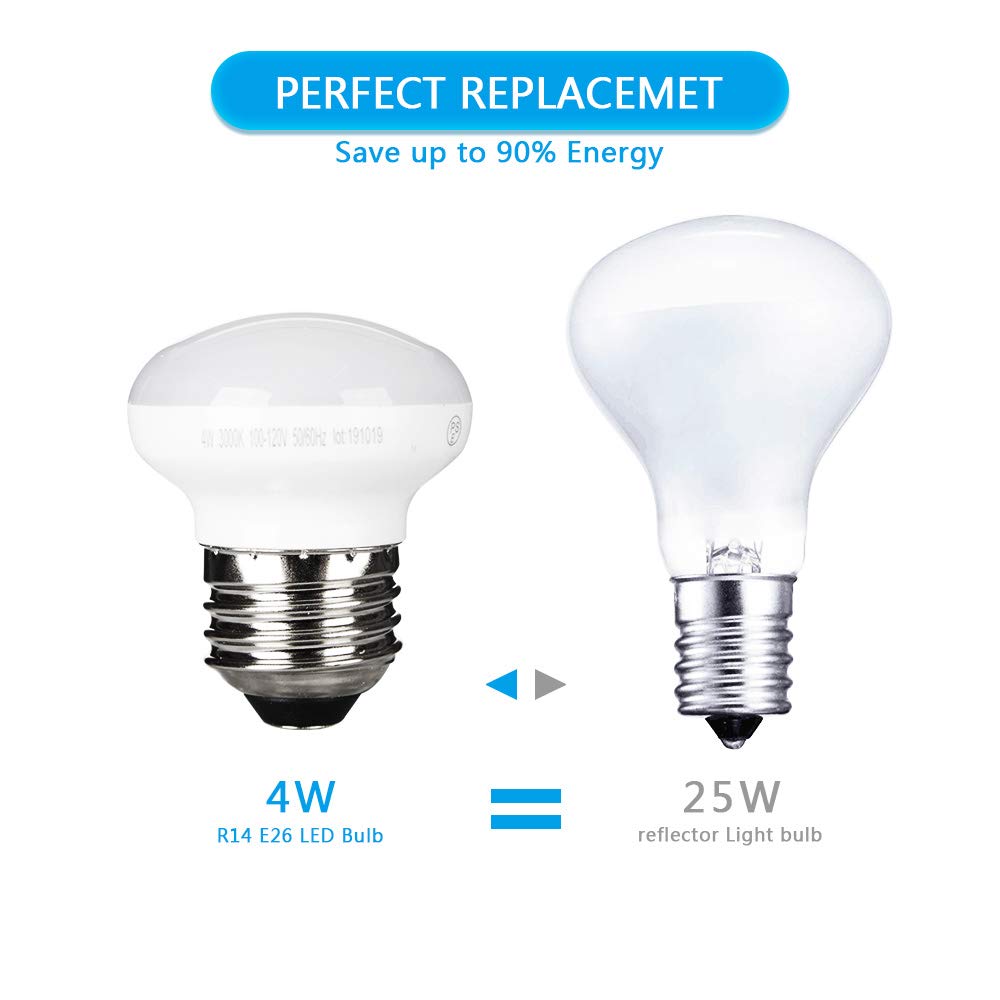 Haian Support E26 Base R14 Led Bulb, 4W Warm White, 4-Pack Curio Cabinet Light Bulbs