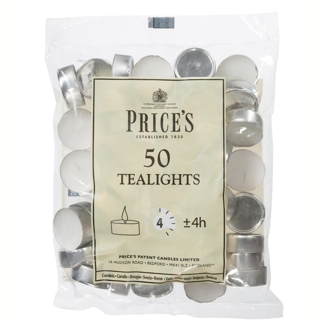 Prices Patent Candles White Tealights Bag, Pack of 50, Wax, l x 3.8cm w x 1.8cm h
