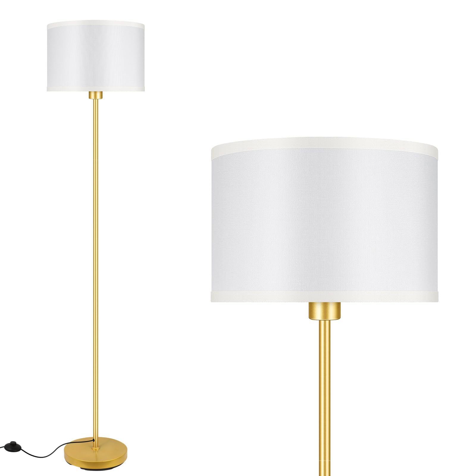 Gold Floor Lamps for Living Room, Modern Standing Lamp, White Lamp Shades, Foot Switch, Simple Pole Lamps Tall Lamp for Bedroom,