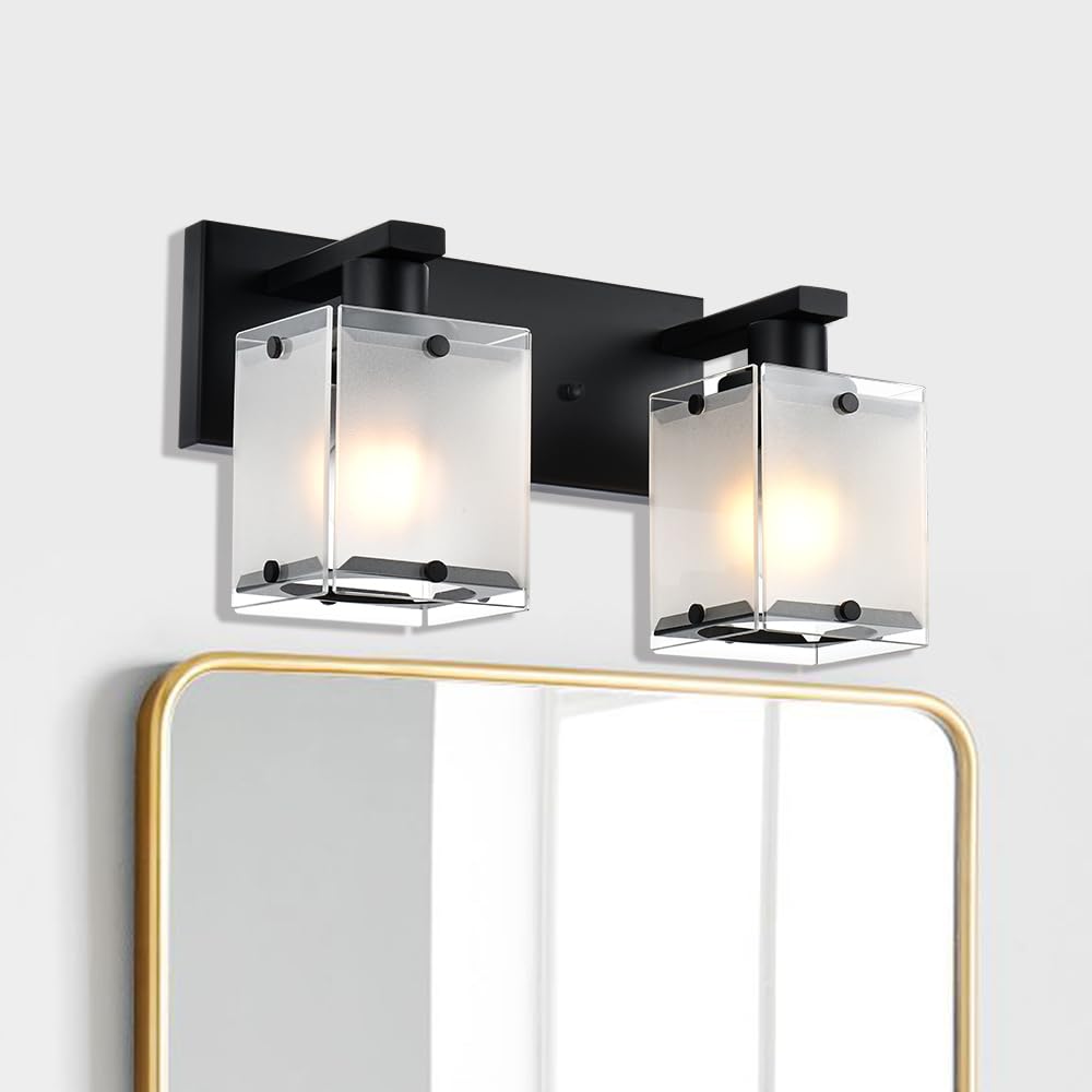 WINSHEN Black Wall Sconce Lighting, 2-Light Vanity Fixture, Metal, Rectangular Frosted Glass Shade, Model 2WBL-XOTFZO