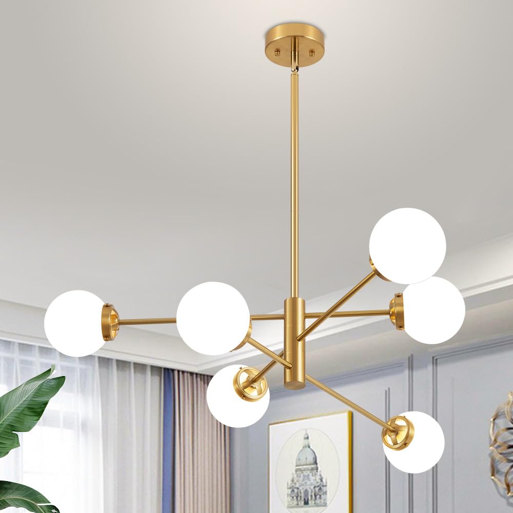 Deyidn Sputnik Chandelier, Gold Modern Chandeliers, Mid Century Ceiling Lighting Fixture 6-Lights with Milk White Glass Shade fo