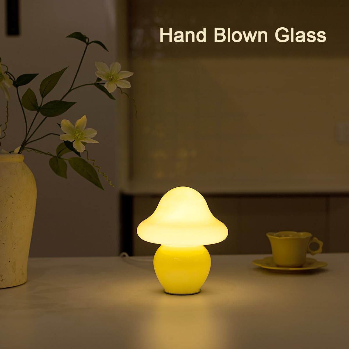 Heqet Mushroom Lamp White Glass Mushroom Table Lamp For Bedrooms, Living Room, Aesthetic Lamps For Bedroom, Cute Bedside Lamp (Y