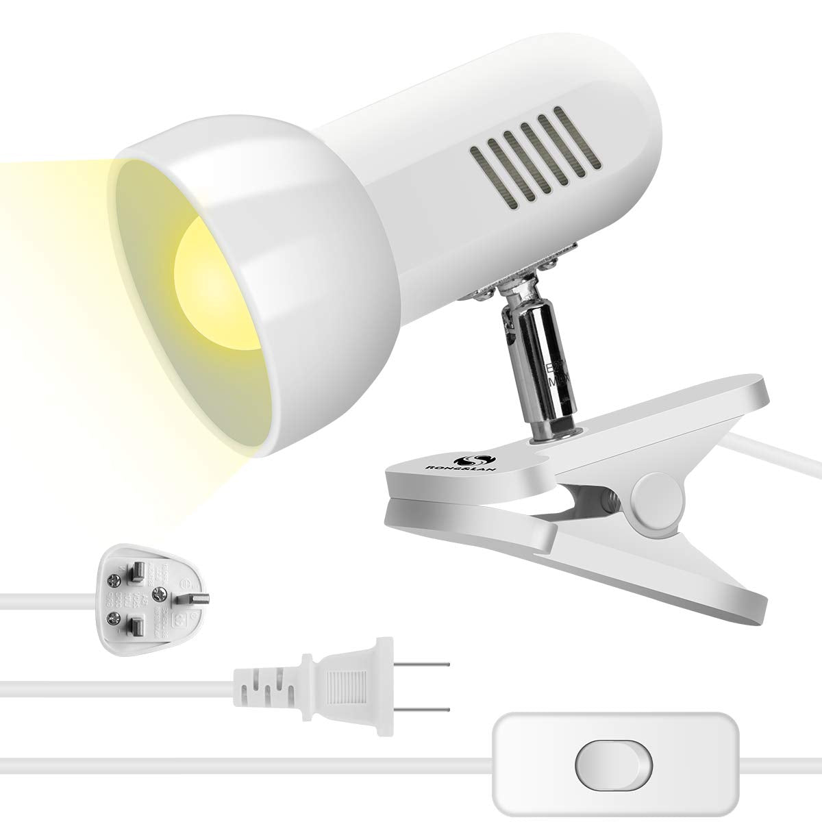 Sun-Rising Clamp Light, Portable 360° Rotation Desk Lamp, Metal, 6inx4.53inx6.8in, White, Model SUN-18560018