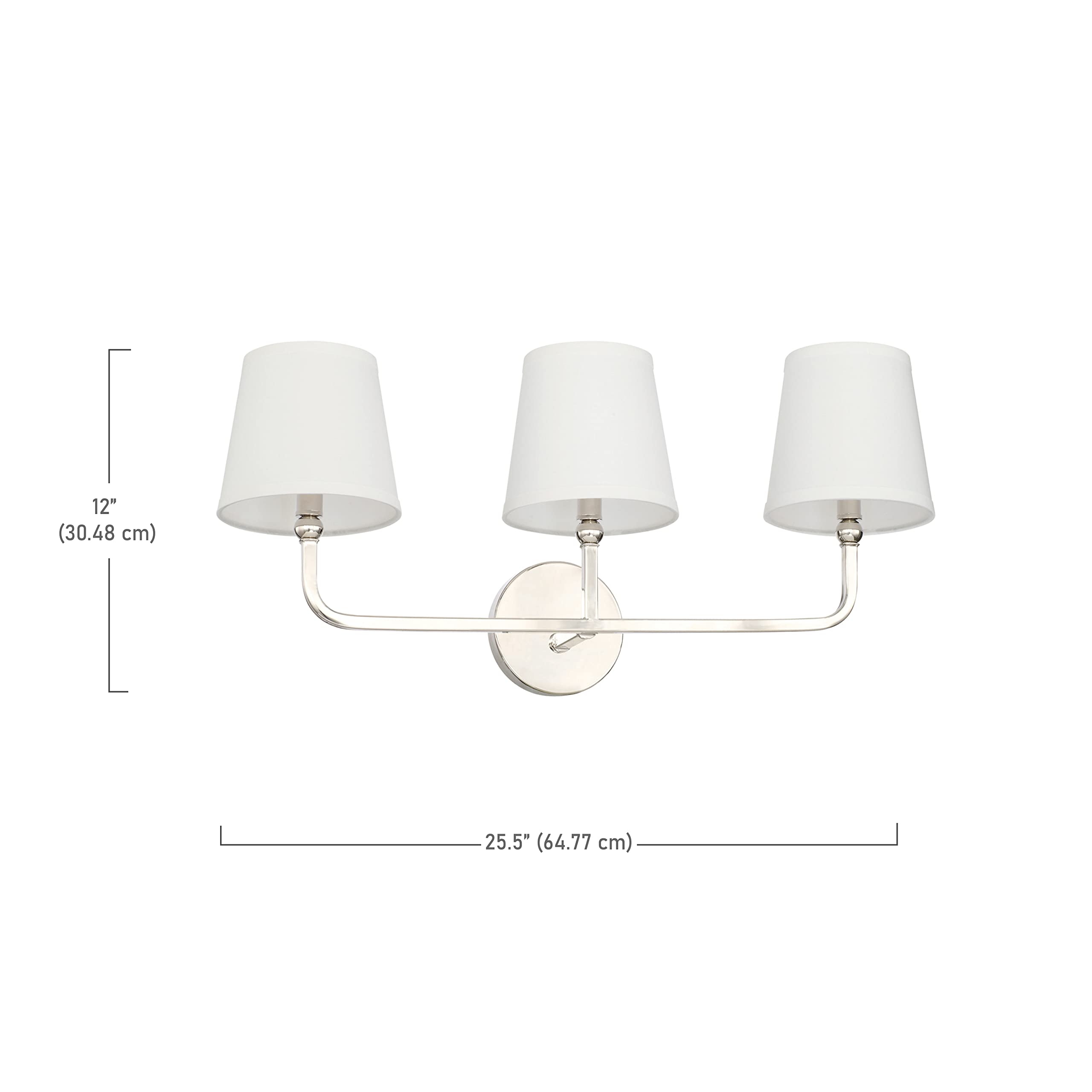 Capital Lighting 119331PN-674 Bath Vanity Light, 3-Light, Polished Nickel, 12inH x 26inW, Metal & Cloth Shades