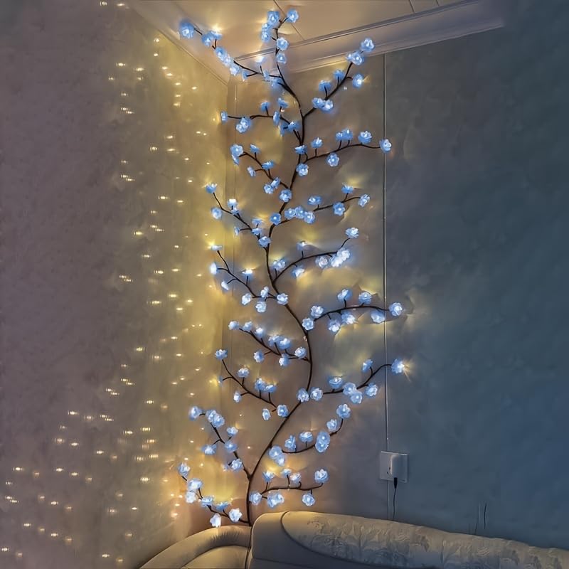 Blue Cherry Blossom Tree Branch Lights for Wall Cherry Enchanted Willow Vine Lights with 144 LED and 8 Lighting Modes Remote Timer for Bedroom Wall Doors Windows Wedding Christmas Holiday (90inch)