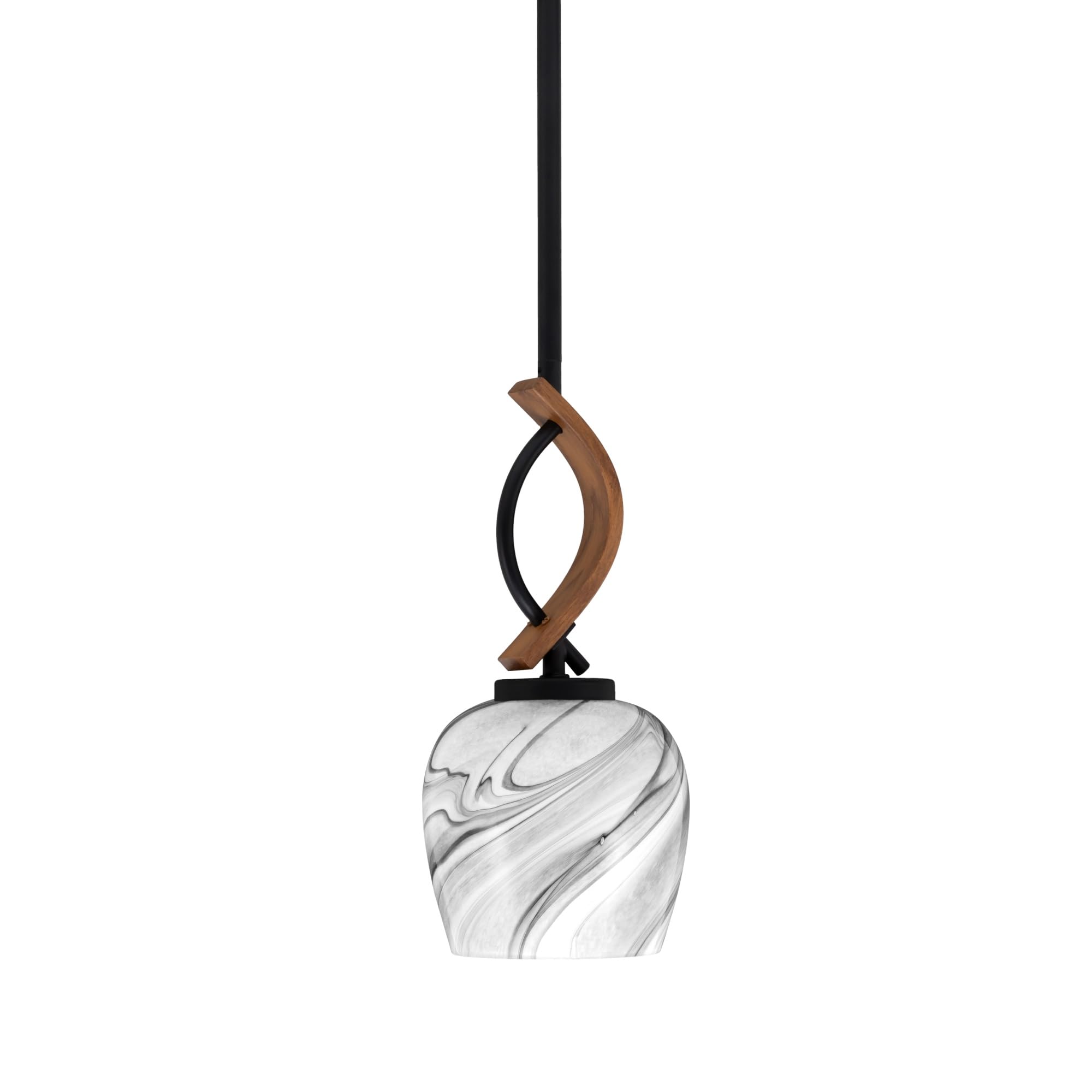 Toltec Lighting Monterey Stem Hung Mini Pendant - Matte Black & Wood-Look Finish, 6in Onyx Swirl Glass
