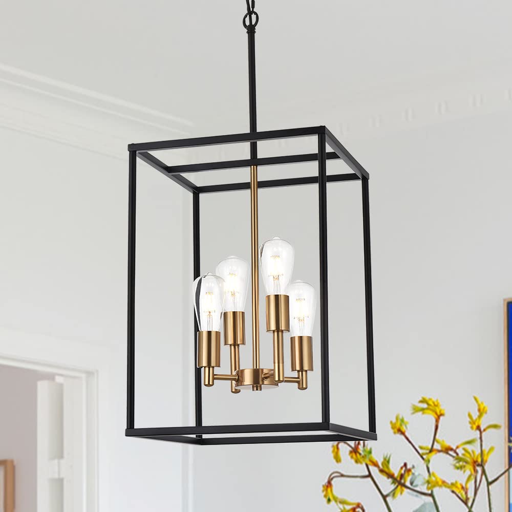 VINLUZ Retro 4-Light Farmhouse Chandelier, Metal Square Cage Pendant Lighting, Black & Brass Finish for Dining Room and Kitchen Island